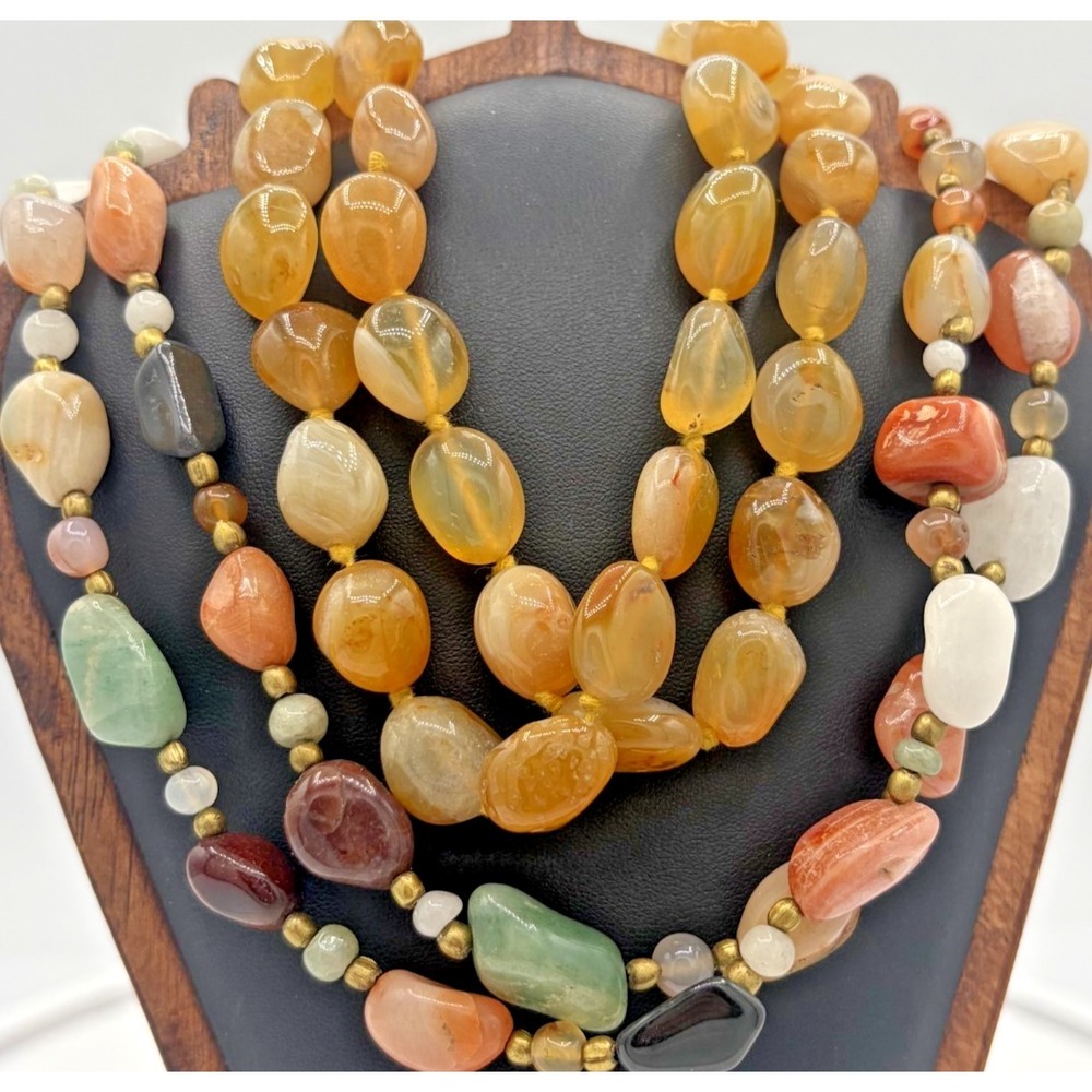 Chunky Beggars Bead Tumbled Agate Carnelian Gemstone Multi Strand Necklaces Boho